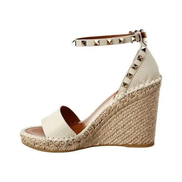 Valentino Rockstud 95 Grainy Leather Wedge Sandal, White - Picture 2 of 5